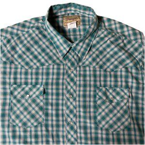 Wrangler Western Pearl Snap Teal Plaid 3XL Short Sleeve Button Down Rodeo Cowboy